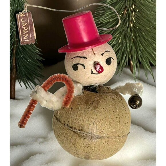Vintage Japan Snowman Bobble Head Ornament Hat Christmas Putz Pipe Cleaner Candy - Picture 1 of 9